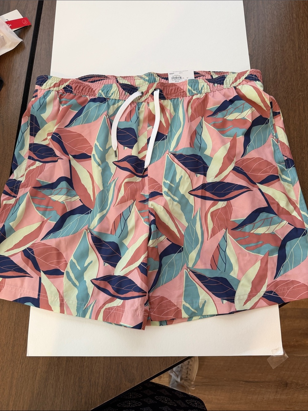 Men's Pink Tropical Leaf Swim Trunks with Drawstring
